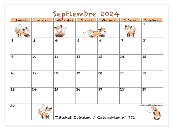 Calendario n.° 771 para septiembre de 2024 para imprimir gratis. Semana: De lunes a domingo.