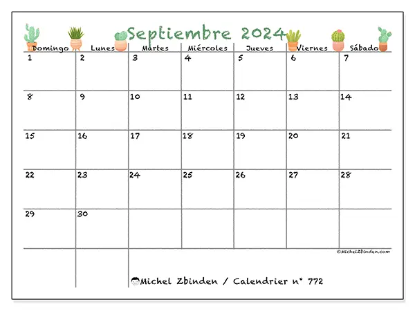 Calendario n.° 772 para imprimir gratis, septiembre 2025. Semana:  De domingo a sábado