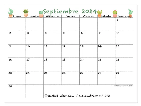 Calendario n.° 772 para septiembre de 2024 para imprimir gratis. Semana: De lunes a domingo.