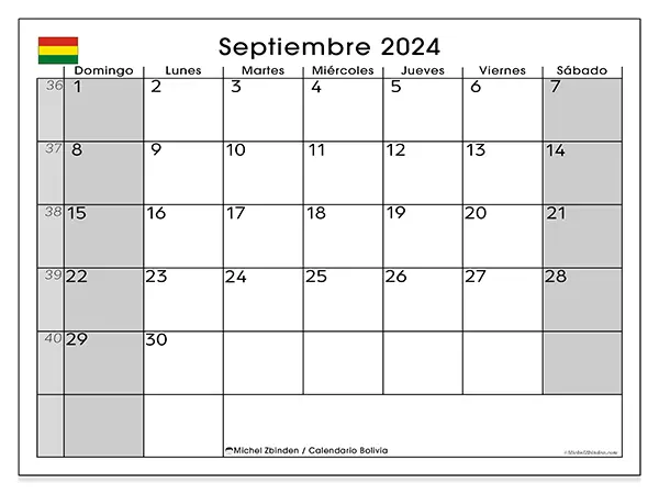Calendario Bolivia para imprimir gratis de septiembre de 2024. Semana: De domingo a sábado.