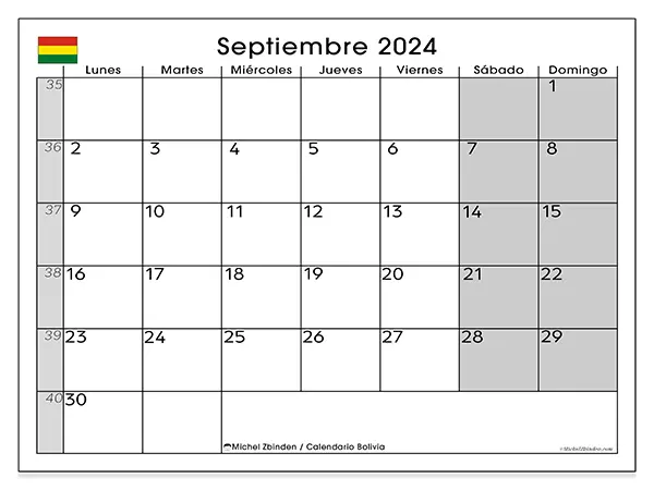 Calendario Bolivia para imprimir gratis de septiembre de 2024. Semana: De lunes a domingo.