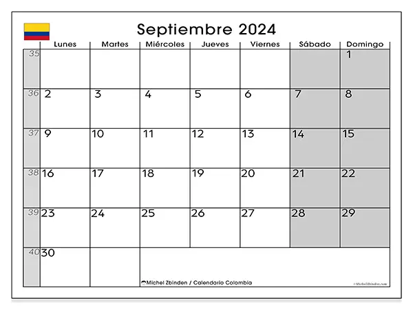 Calendario para imprimir gratis de Colombia para septiembre de 2024. Semana : De lunes a domingo.
