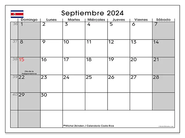 Calendario Costa Rica para imprimir gratis de septiembre de 2024. Semana: De domingo a sábado.