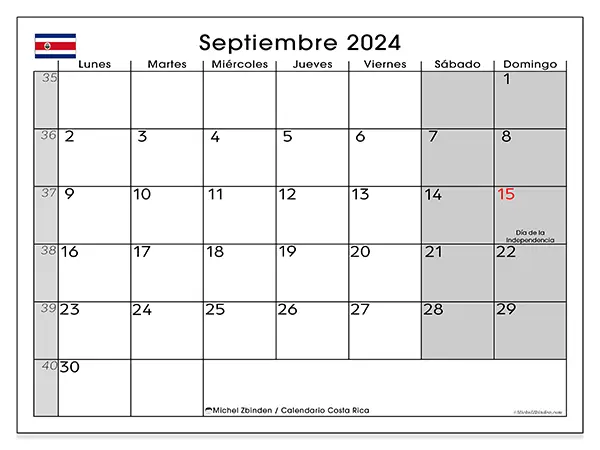 Calendario Costa Rica para imprimir gratis de septiembre de 2024. Semana: De lunes a domingo.