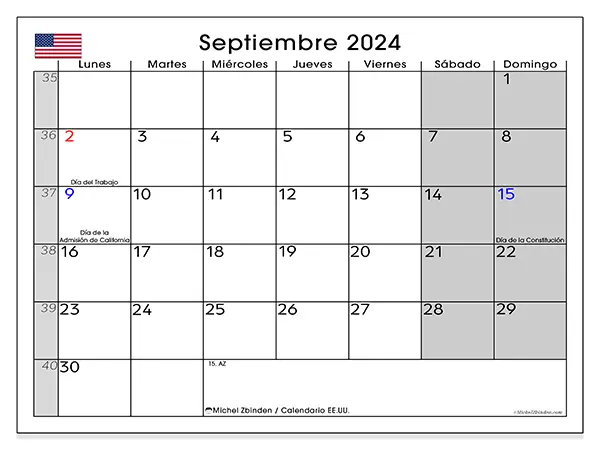 Calendario Estados Unidos para imprimir gratis de septiembre de 2024. Semana: De lunes a domingo.