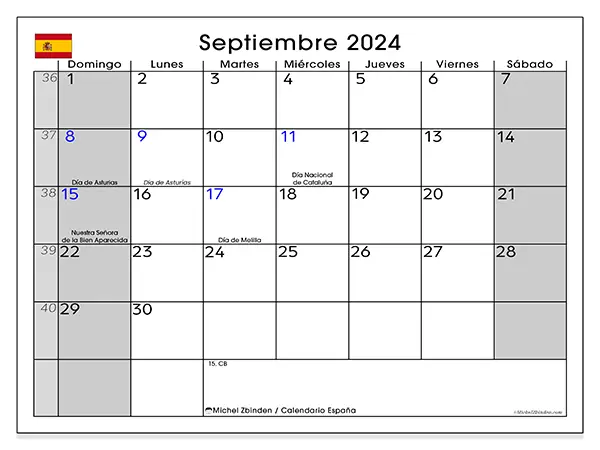 Calendario España para imprimir gratis de septiembre de 2024. Semana: De domingo a sábado.