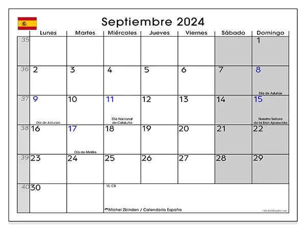 Calendario España para imprimir gratis de septiembre de 2024. Semana: De lunes a domingo.