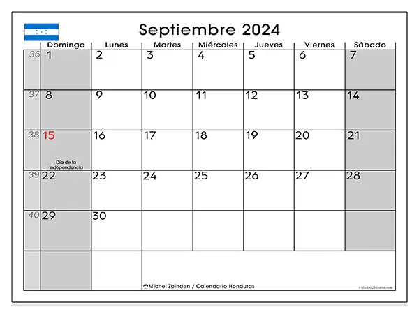 Calendario Honduras para imprimir gratis de septiembre de 2024. Semana: De domingo a sábado.