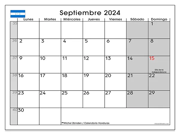 Calendario Honduras para imprimir gratis de septiembre de 2024. Semana: De lunes a domingo.