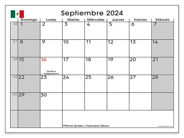 Calendario México para imprimir gratis de septiembre de 2024. Semana: De domingo a sábado.