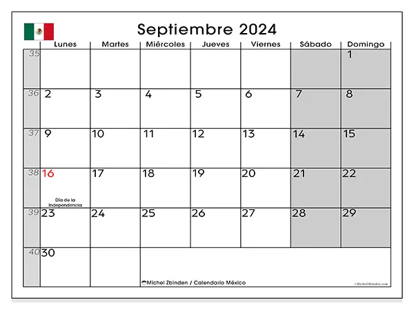 Calendario México para imprimir gratis de septiembre de 2024. Semana: De lunes a domingo.