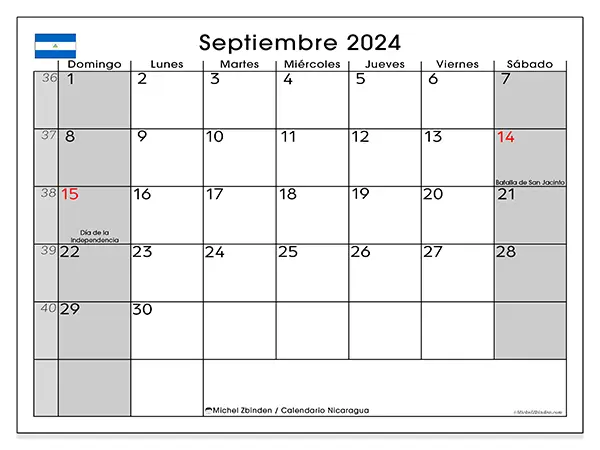 Calendario Nicaragua para imprimir gratis de septiembre de 2024. Semana: De domingo a sábado.