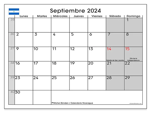 Calendario Nicaragua para imprimir gratis de septiembre de 2024. Semana: De lunes a domingo.