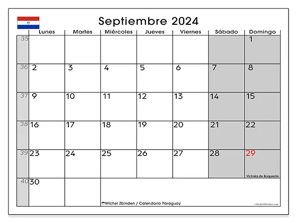 Calendario Paraguay para imprimir gratis de septiembre de 2024. Semana: De lunes a domingo.