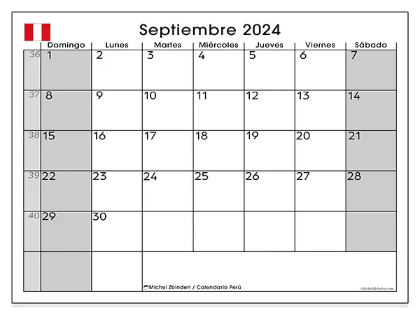 Calendario Perú para imprimir gratis de septiembre de 2024. Semana: De domingo a sábado.
