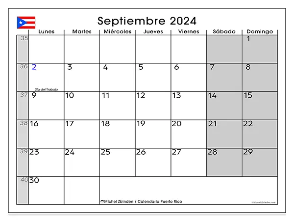 Calendario Puerto Rico para imprimir gratis de septiembre de 2024. Semana: De lunes a domingo.