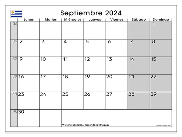 Calendario Uruguay para imprimir gratis de septiembre de 2024. Semana: De lunes a domingo.