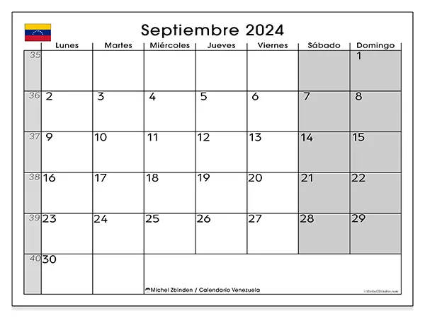 Calendario Venezuela para imprimir gratis de septiembre de 2024. Semana: De lunes a domingo.