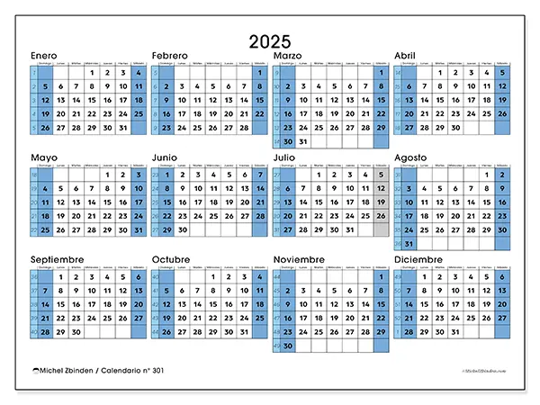 Calendario n.° 301 para imprimir gratis, 2025. Semana:  