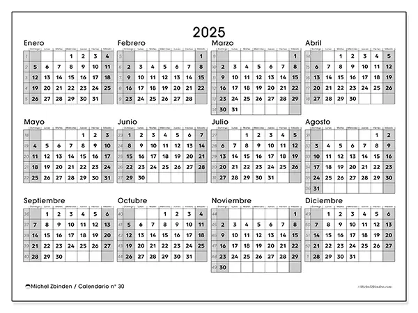 Calendario n.° 30 para imprimir gratis, 2025. Semana:  