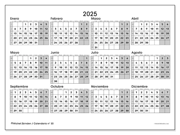 Calendario n.° 30 para imprimir gratis, 2025. Semana:  