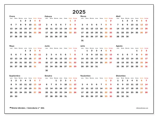 Calendario para imprimir n° 321, 2025
