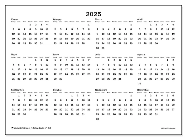 Calendario n.° 32 para imprimir gratis, 2025. Semana:  