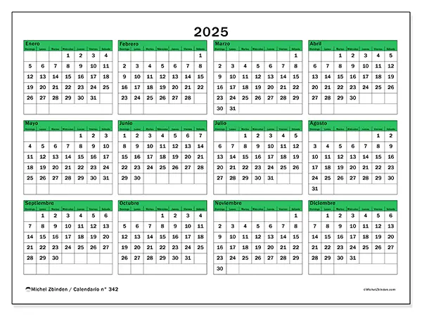 Calendario n.° 342 para imprimir gratis, 2025. Semana:  