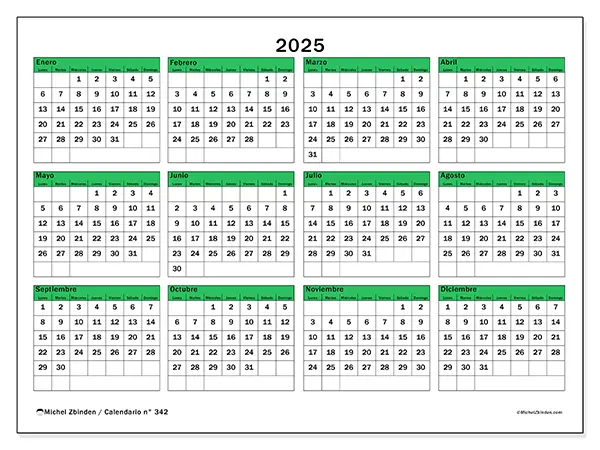 Calendario n.° 342 para imprimir gratis, 2025. Semana:  