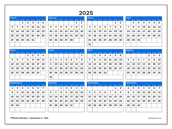 Calendario n.° 343 para imprimir gratis, 2025. Semana:  
