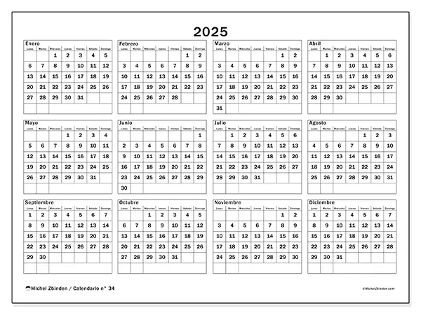 Calendario n° 34 para imprimir gratis, 2025. Semana:  