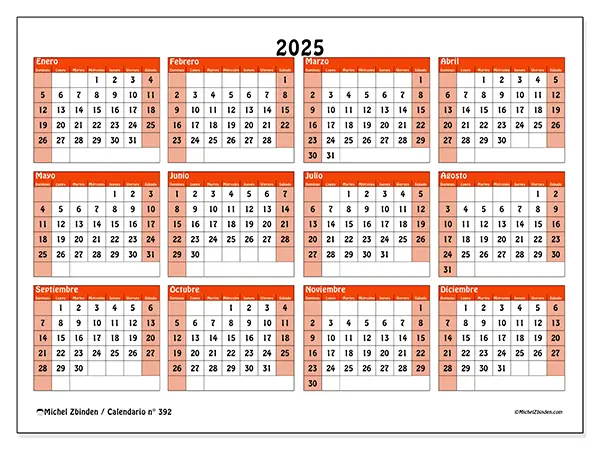 Calendario para imprimir n° 392, 2025