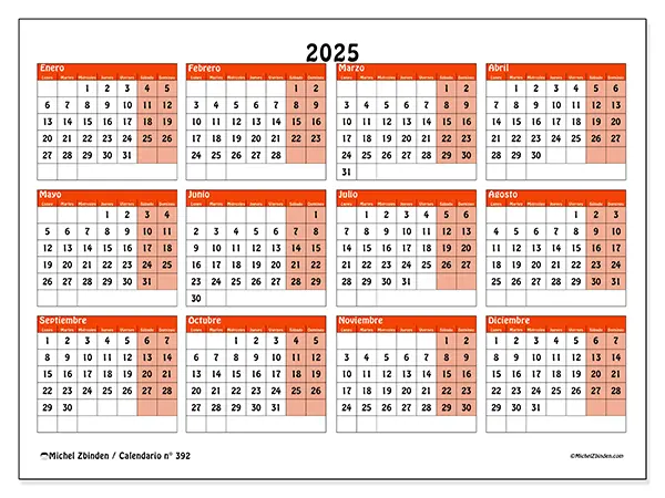 Calendario n.° 392 para imprimir gratis, 2025. Semana:  