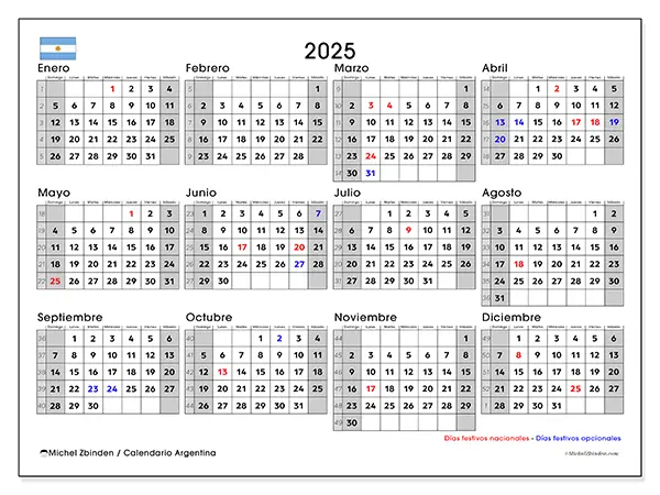 Calendario Argentina para 2025 gratis para imprimir. Semana: Domingo a sábado.