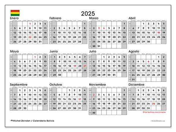 Calendario Bolivia para 2025 gratis para imprimir. Semana: Domingo a sábado.