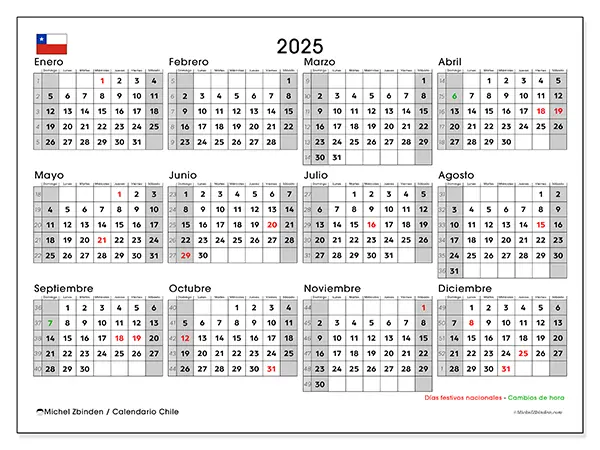 Calendario Chile para 2025 gratis para imprimir. Semana: Domingo a sábado.
