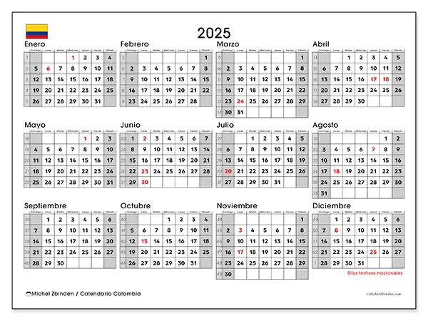 Calendario Colombia para 2025 gratis para imprimir. Semana: Domingo a sábado.