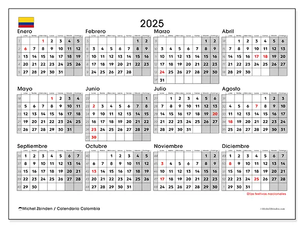 Calendario de Colombia para imprimir gratis,  2025. Semana:  De lunes a domingo