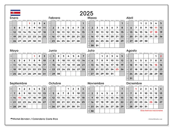 Calendario Costa Rica para 2025 gratis para imprimir. Semana: Domingo a sábado.