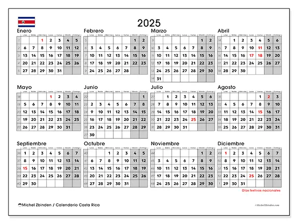 Calendario de Costa Rica para imprimir gratis,  2025. Semana:  De lunes a domingo