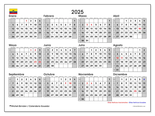 Calendario Ecuador para 2025 gratis para imprimir. Semana: Domingo a sábado.