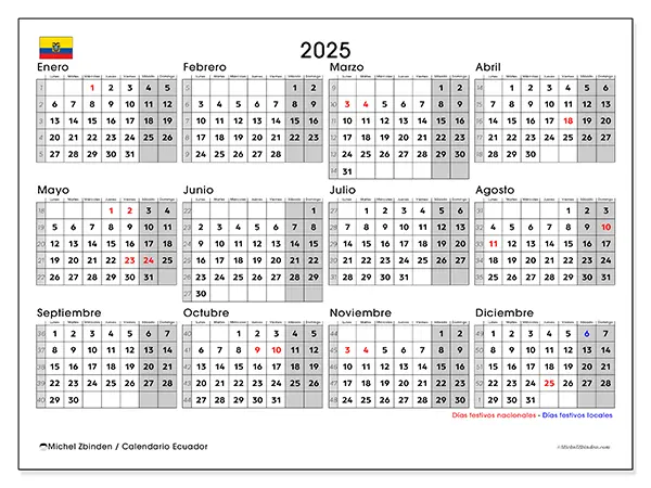 Calendario de Ecuador para imprimir gratis,  2025. Semana:  De lunes a domingo