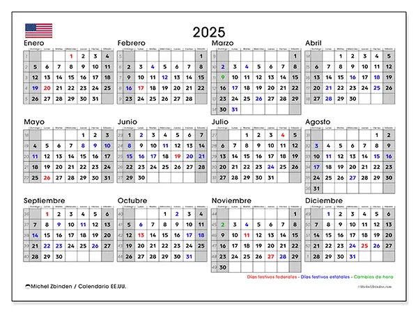 Calendario Estados Unidos para 2025 gratis para imprimir. Semana: Domingo a sábado.