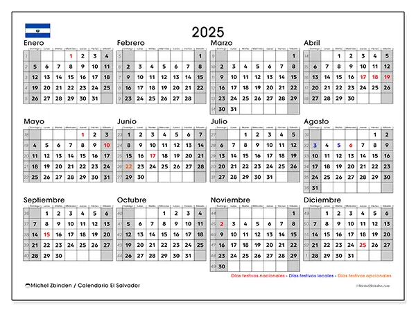 Calendario El Salvador para 2025 gratis para imprimir. Semana: Domingo a sábado.