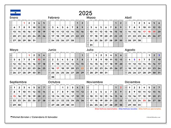 Calendario de El Salvador para imprimir gratis,  2025. Semana:  De lunes a domingo