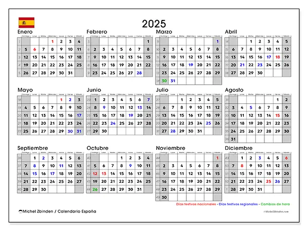 Calendario España para 2025 gratis para imprimir. Semana: Domingo a sábado.