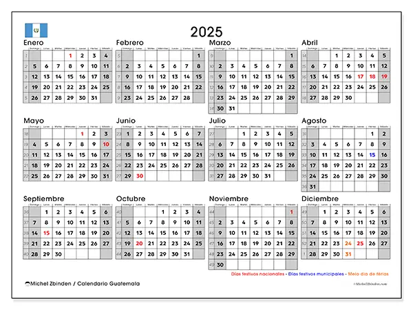Calendario Guatemala para 2025 gratis para imprimir. Semana: Domingo a sábado.