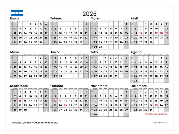 Calendario Honduras para 2025 gratis para imprimir. Semana: Domingo a sábado.