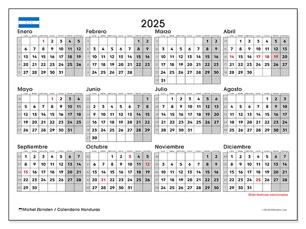 Calendario de Honduras para imprimir gratis,  2025. Semana:  De lunes a domingo