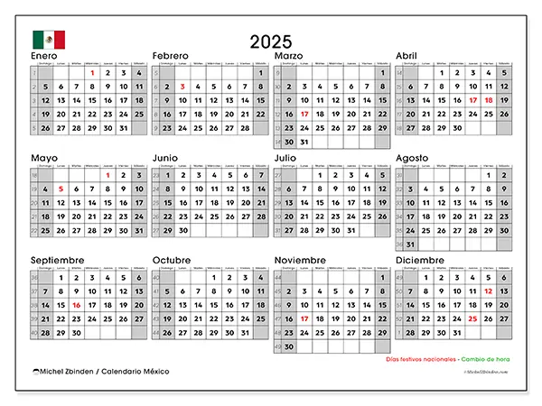 Calendario México para 2025 gratis para imprimir. Semana: Domingo a sábado.